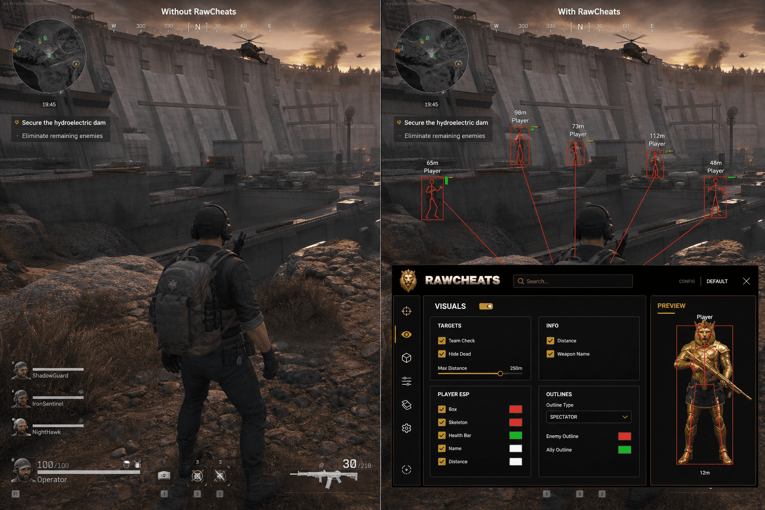 Delta Force Cheats vs Niche Providers — Honest Comparison — in-game screenshot showing RawCheats overlay