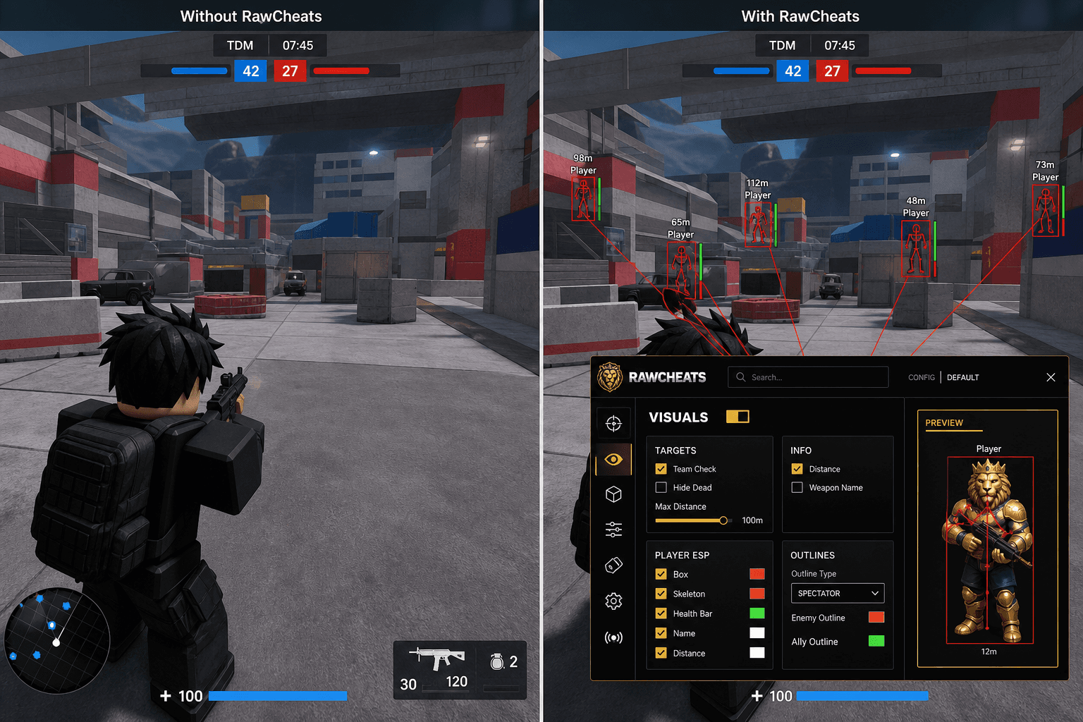 Roblox Cheats vs Premium Providers — Honest Comparison — in-game screenshot showing RawCheats overlay
