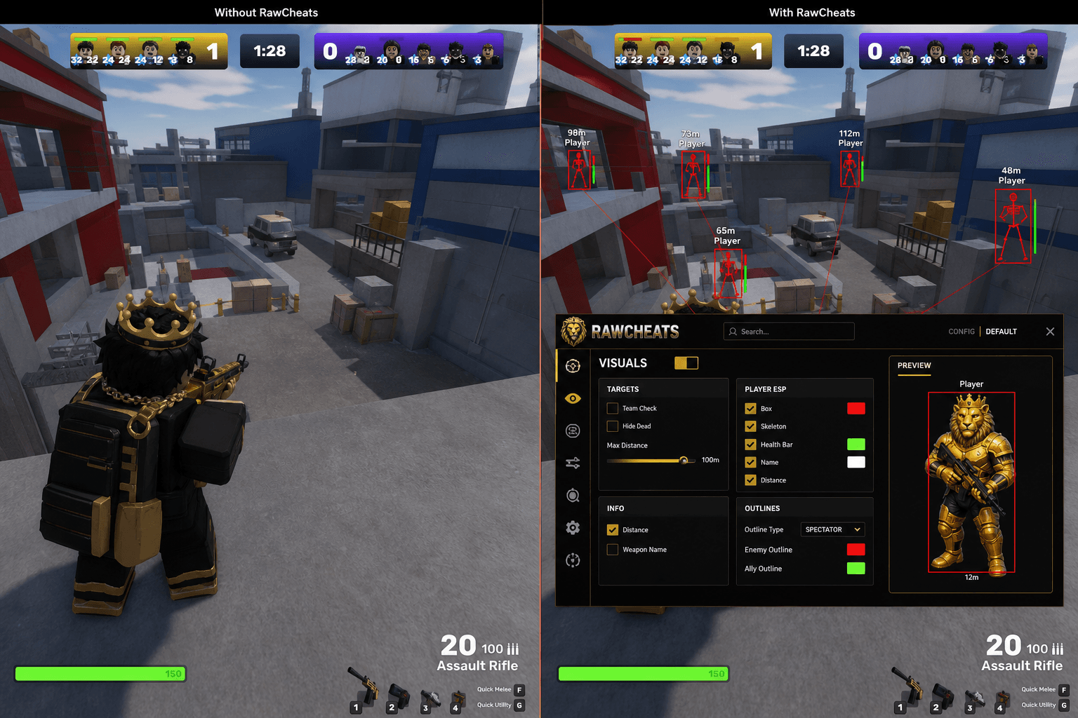 Roblox Cheats vs Niche Providers — Honest Comparison — in-game screenshot showing RawCheats overlay