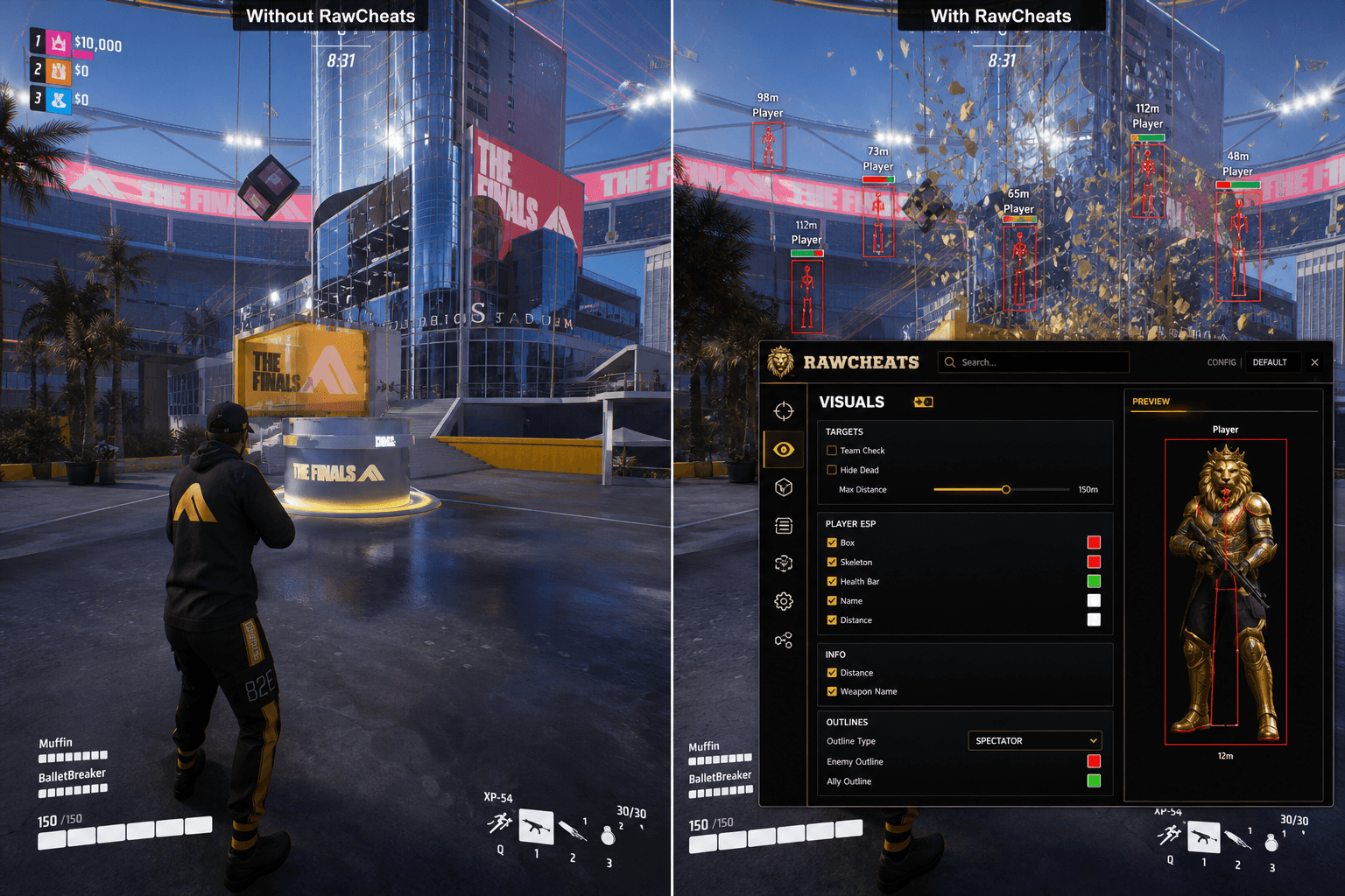 The Finals Cheats vs Premium Providers — Honest Comparison — in-game screenshot showing RawCheats overlay