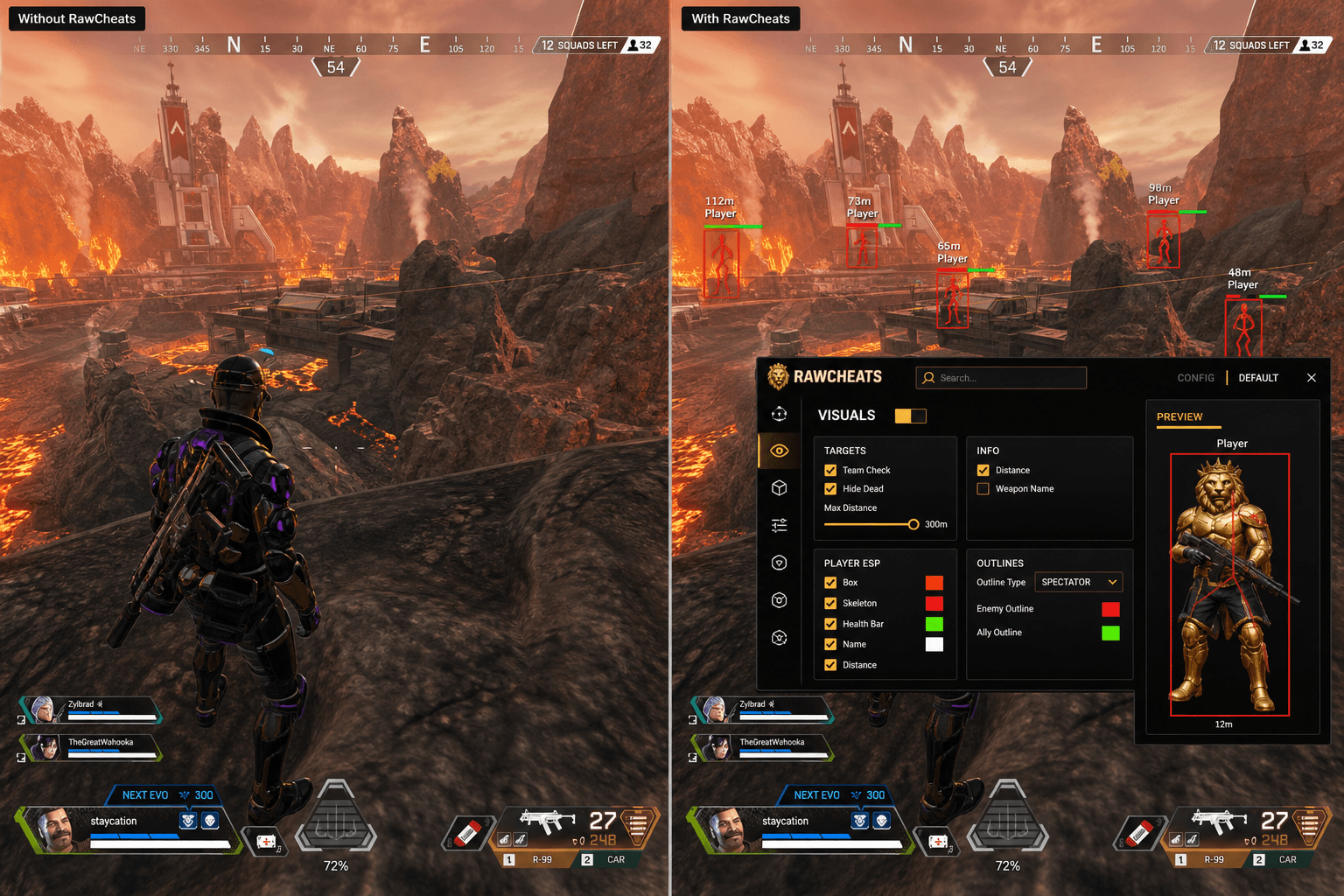 Apex Legends Cheats vs Premium Providers — Honest Comparison — in-game screenshot showing RawCheats overlay
