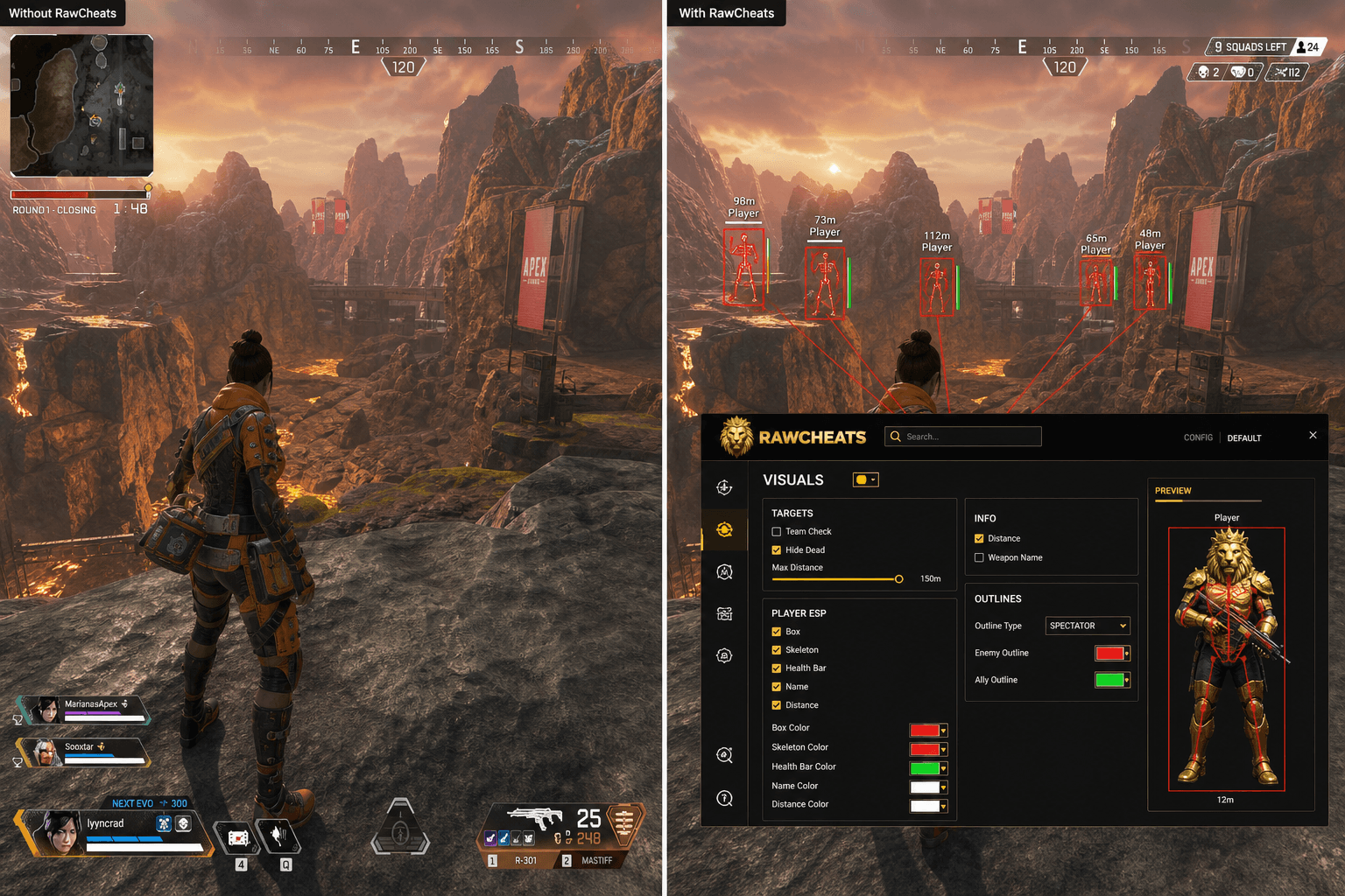 Apex Legends Cheats vs Budget Providers — Honest Comparison — in-game screenshot showing RawCheats overlay