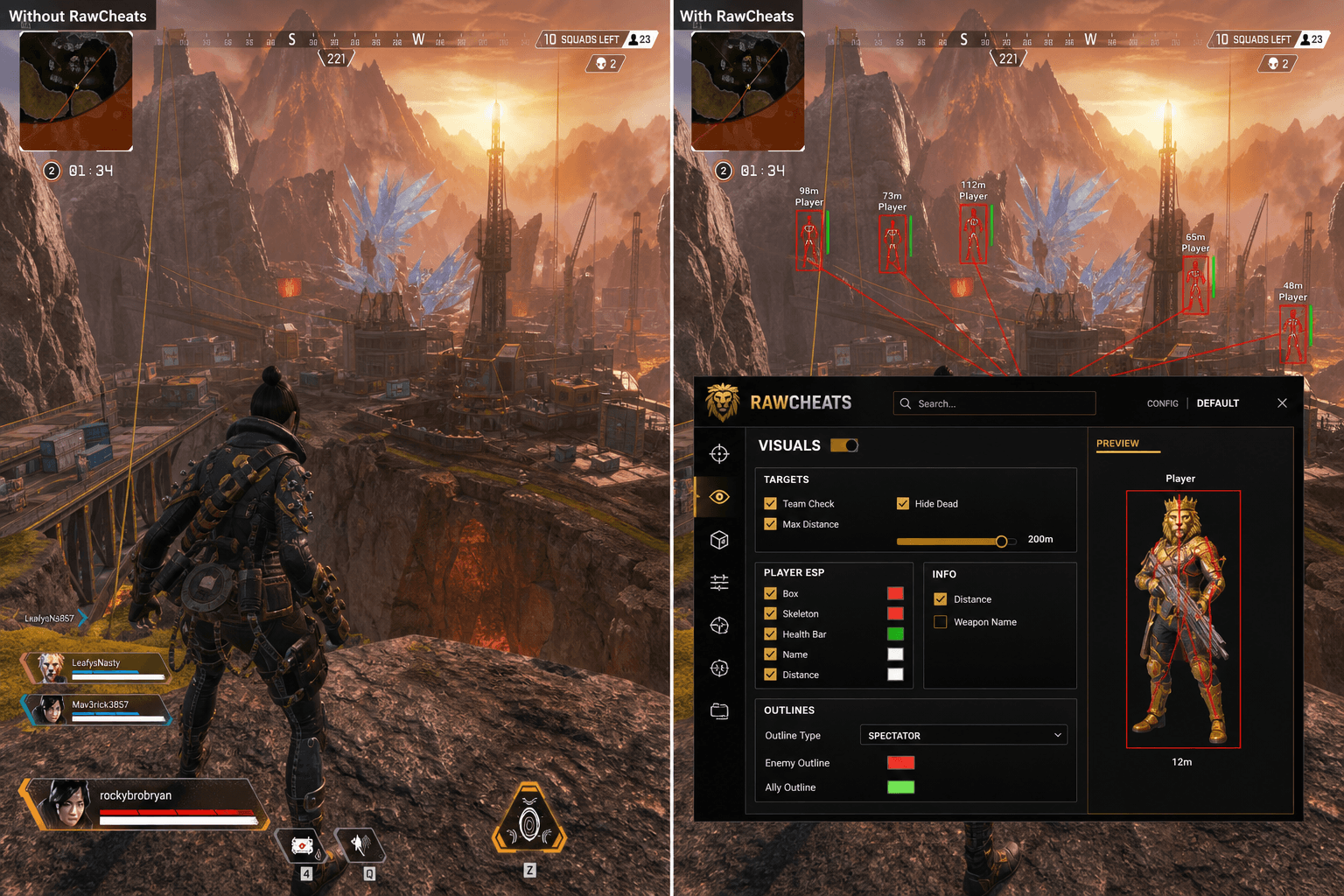 Apex Legends Cheats vs Niche Providers — Honest Comparison — in-game screenshot showing RawCheats overlay