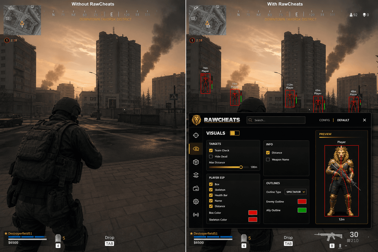 Call of Duty: Warzone Cheats vs Premium Providers — Honest Comparison — in-game screenshot showing RawCheats overlay