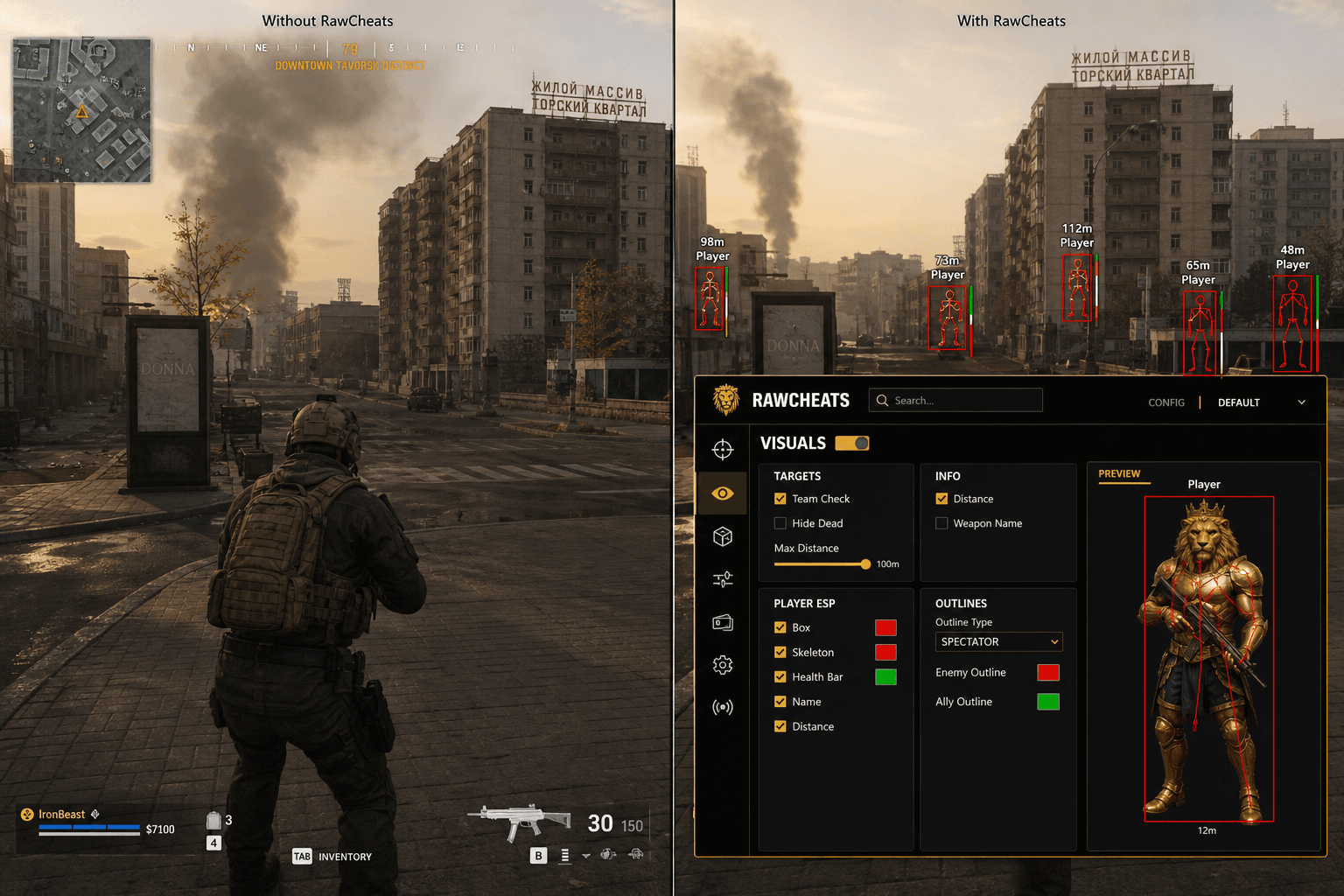 Call of Duty: Warzone Cheats vs Budget Providers — Honest Comparison — in-game screenshot showing RawCheats overlay