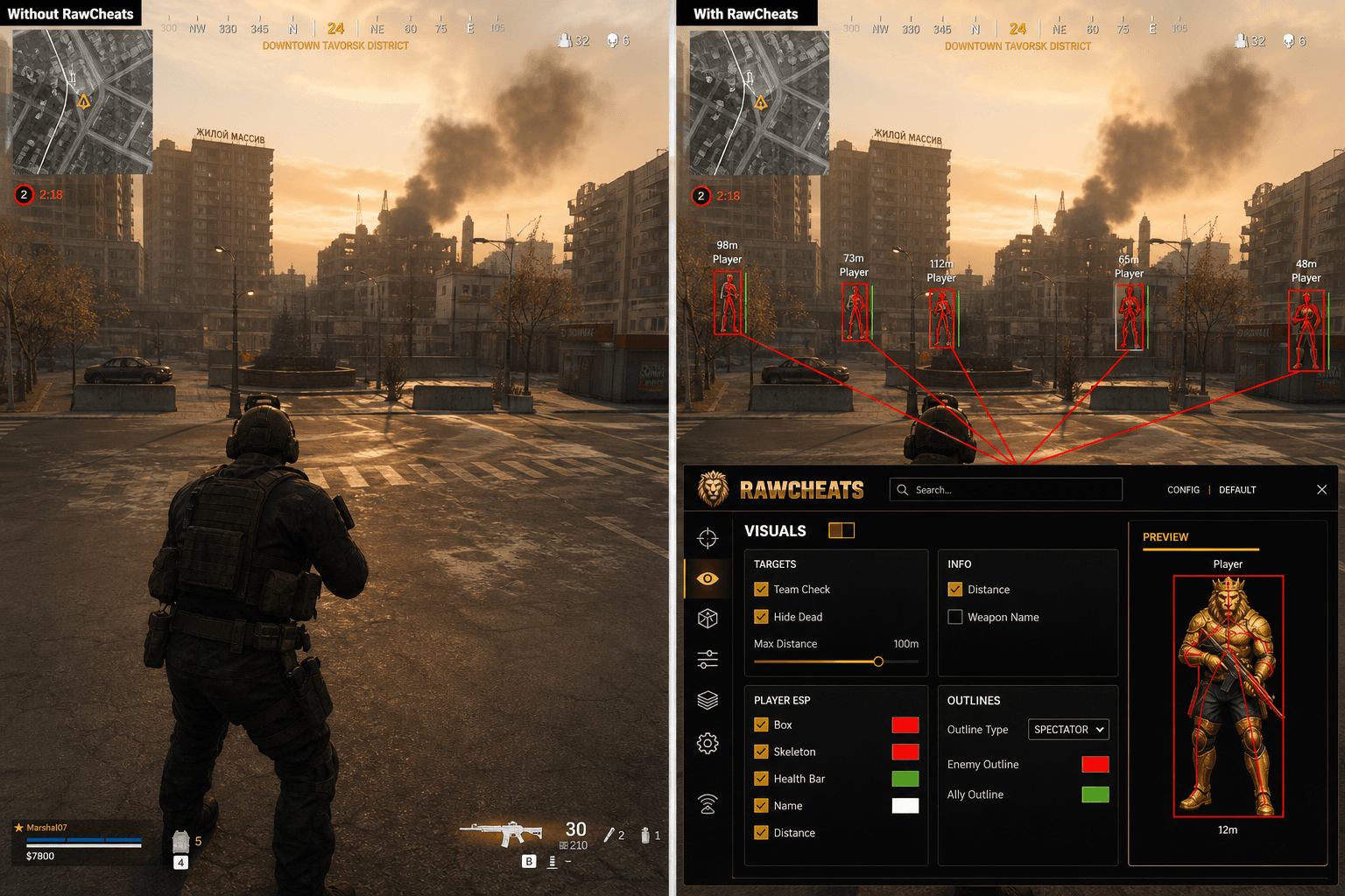 Call of Duty: Warzone Cheats vs Niche Providers — Honest Comparison — in-game screenshot showing RawCheats overlay
