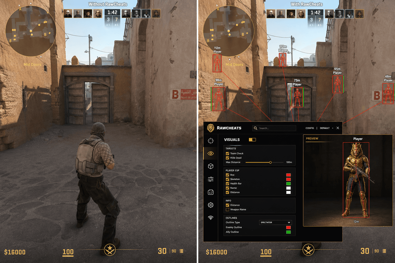 Counter-Strike 2 Cheats vs Premium Providers — Honest Comparison — in-game screenshot showing RawCheats overlay
