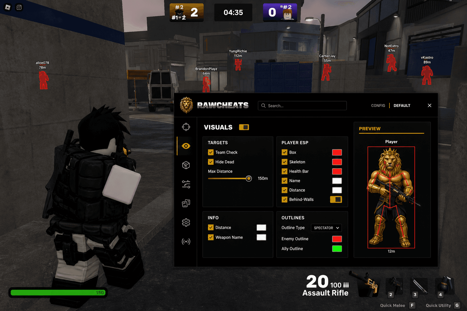Roblox Wallhack — Through-Wall Vision (2026) — in-game screenshot showing RawCheats overlay