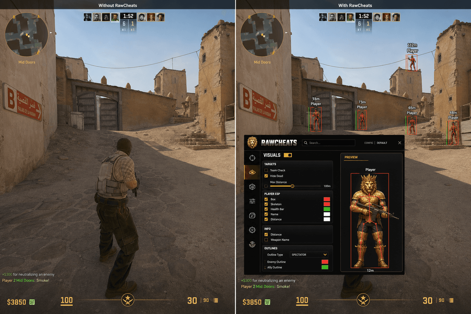 Counter-Strike 2 Cheats vs Budget Providers — Honest Comparison — in-game screenshot showing RawCheats overlay