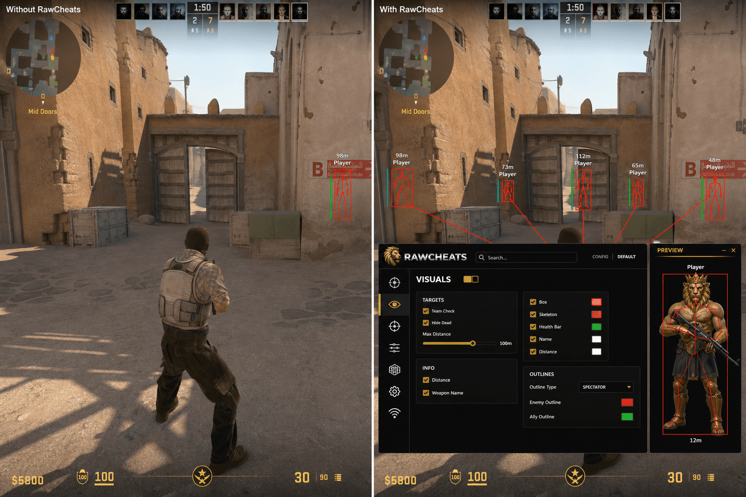 Counter-Strike 2 Cheats vs Niche Providers — Honest Comparison — in-game screenshot showing RawCheats overlay