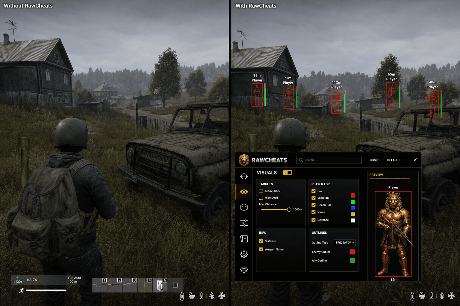 DayZ Cheats vs Premium Providers — Honest Comparison — in-game screenshot showing RawCheats overlay