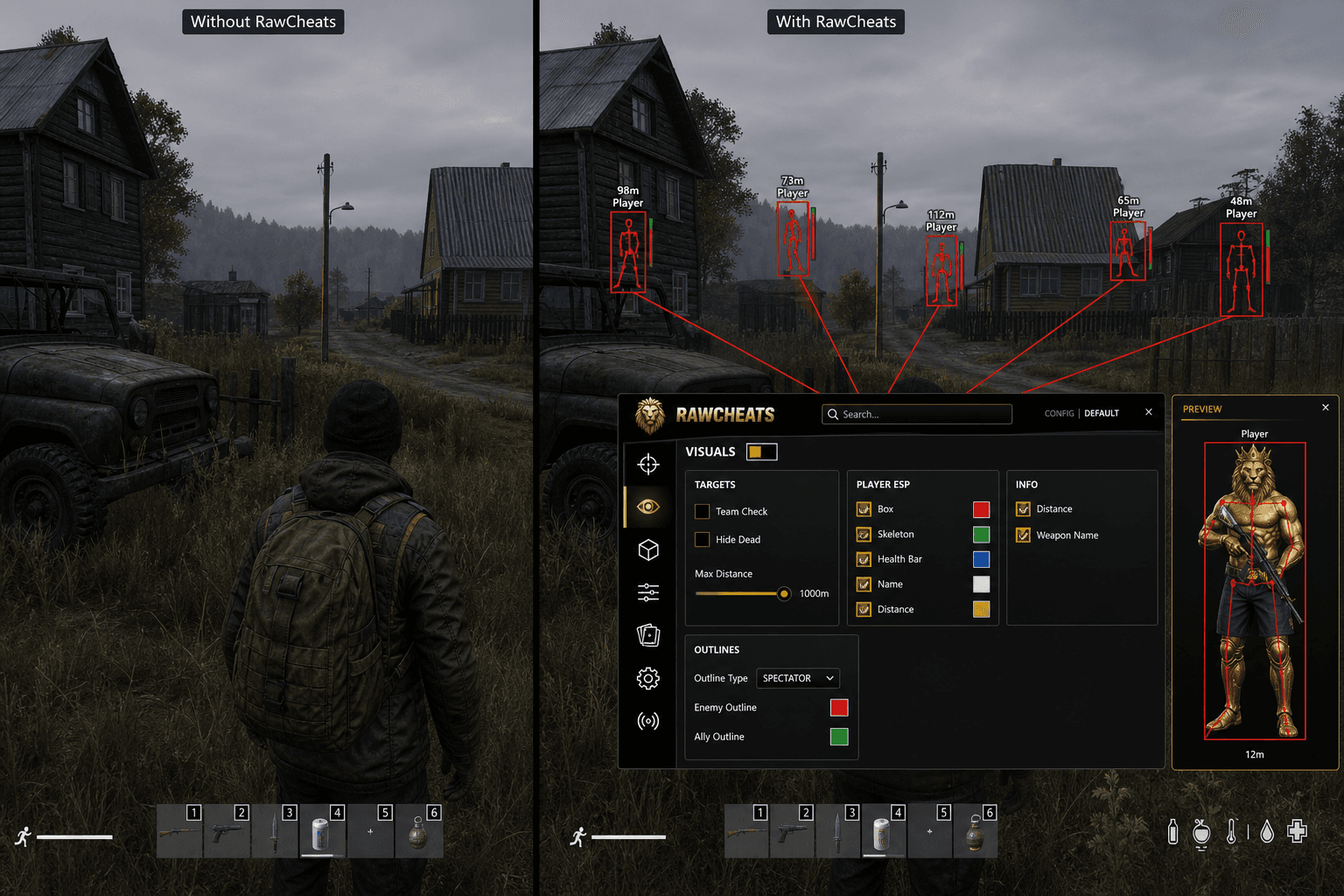 DayZ Cheats vs Niche Providers — Honest Comparison — in-game screenshot showing RawCheats overlay