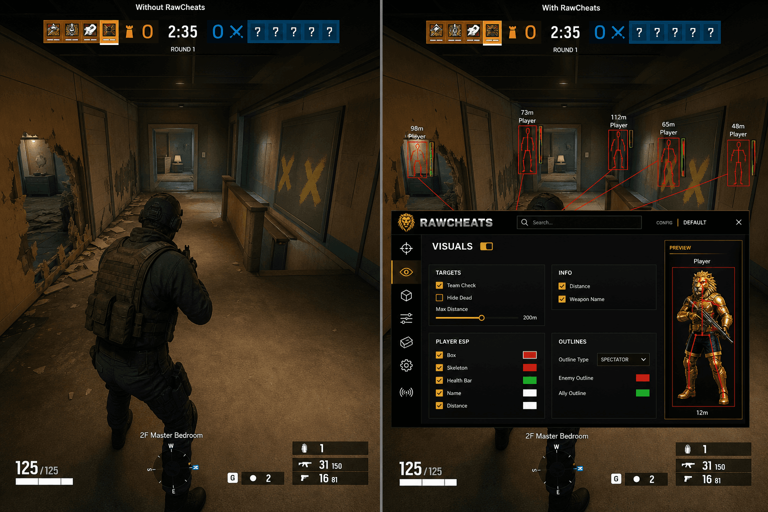 Rainbow Six Siege X Cheats vs Premium Providers — Honest Comparison — in-game screenshot showing RawCheats overlay
