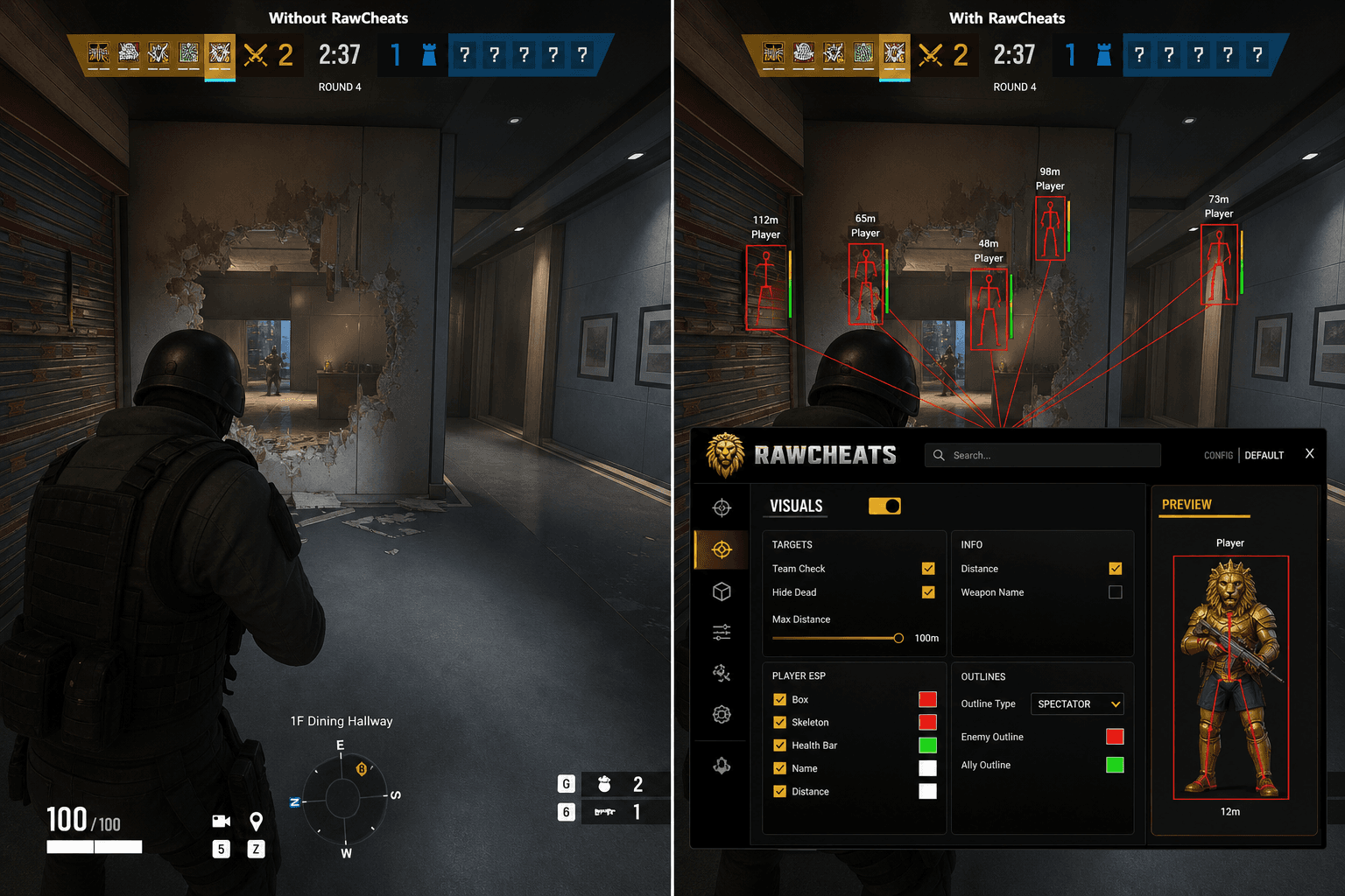 Rainbow Six Siege X Cheats vs Budget Providers — Honest Comparison — in-game screenshot showing RawCheats overlay