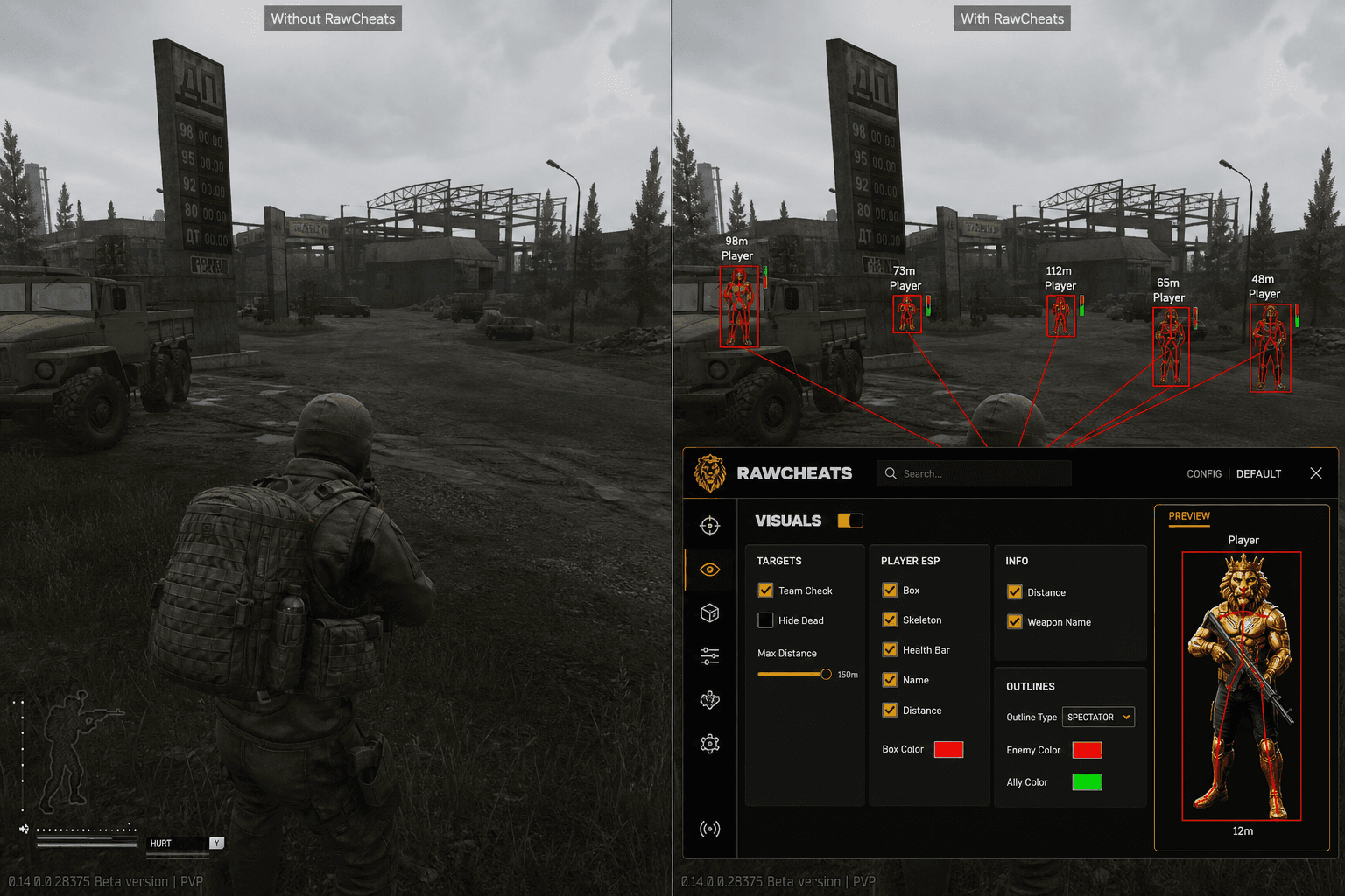 Escape from Tarkov Cheats vs Budget Providers — Honest Comparison — in-game screenshot showing RawCheats overlay