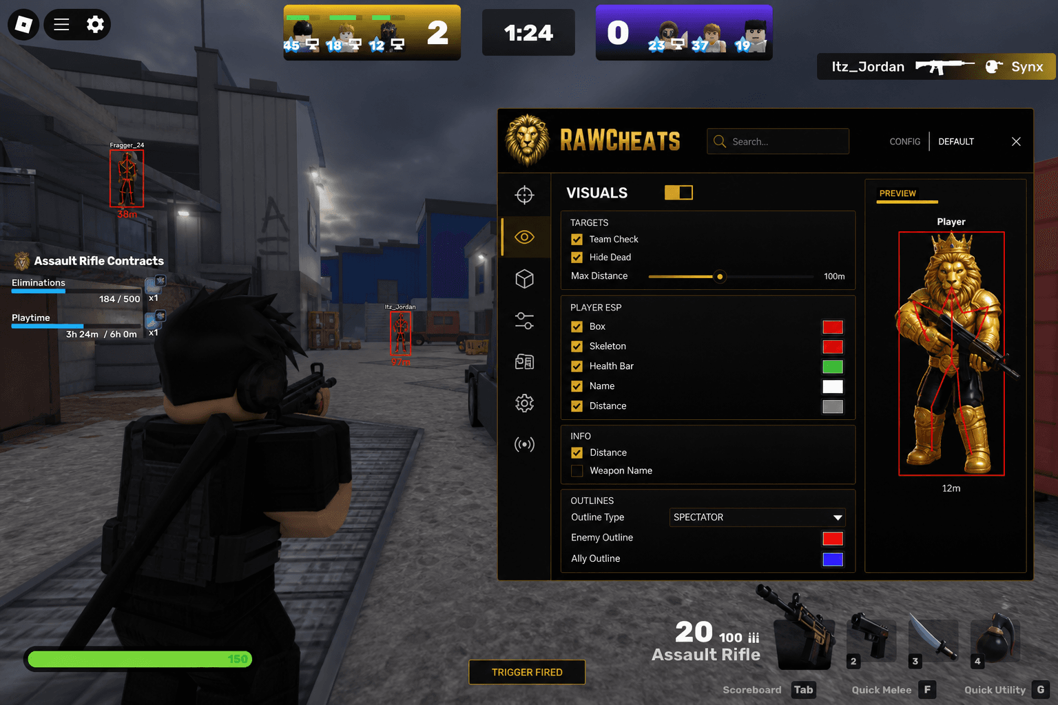 Roblox Triggerbot — Auto-Fire Reaction (2026) — in-game screenshot showing RawCheats overlay