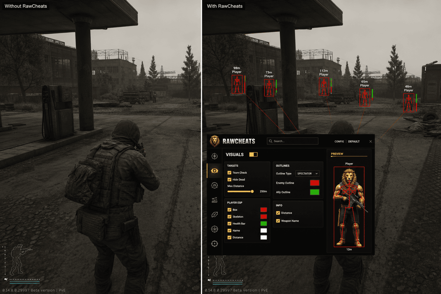 Escape from Tarkov Cheats vs Niche Providers — Honest Comparison — in-game screenshot showing RawCheats overlay