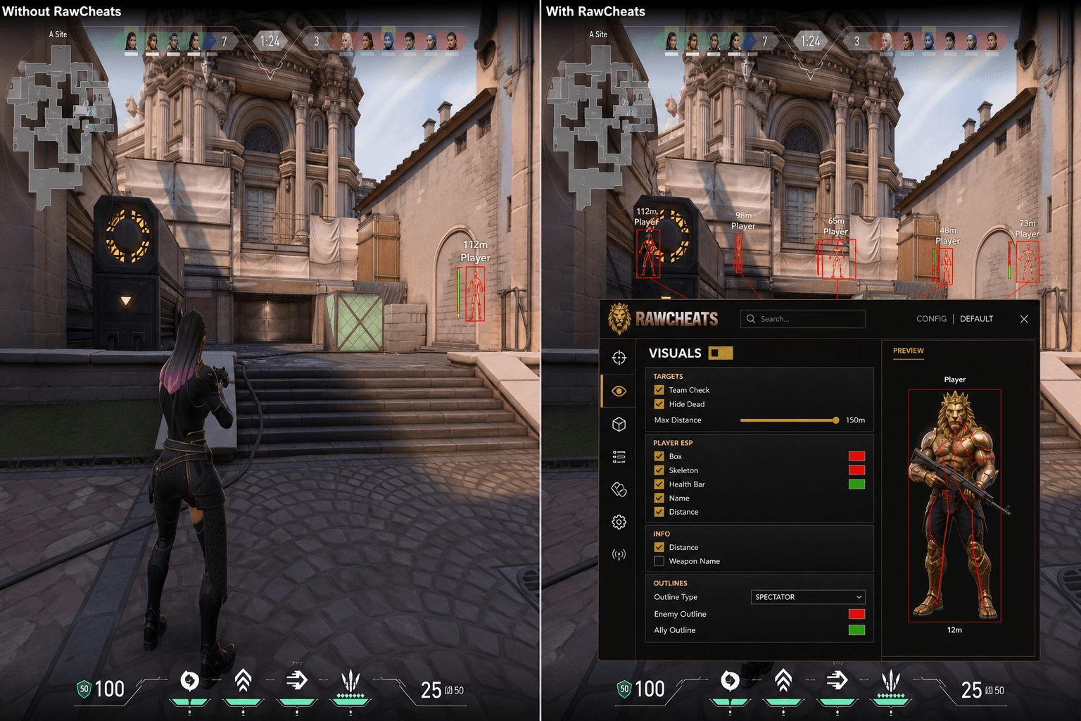 Valorant Cheats vs Niche Providers — Honest Comparison — in-game screenshot showing RawCheats overlay