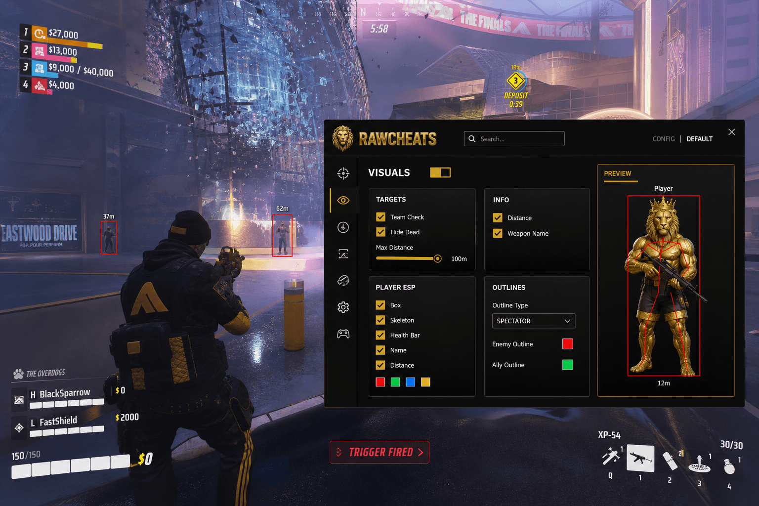 The Finals Triggerbot — Auto-Fire Reaction (2026) — in-game screenshot showing RawCheats overlay