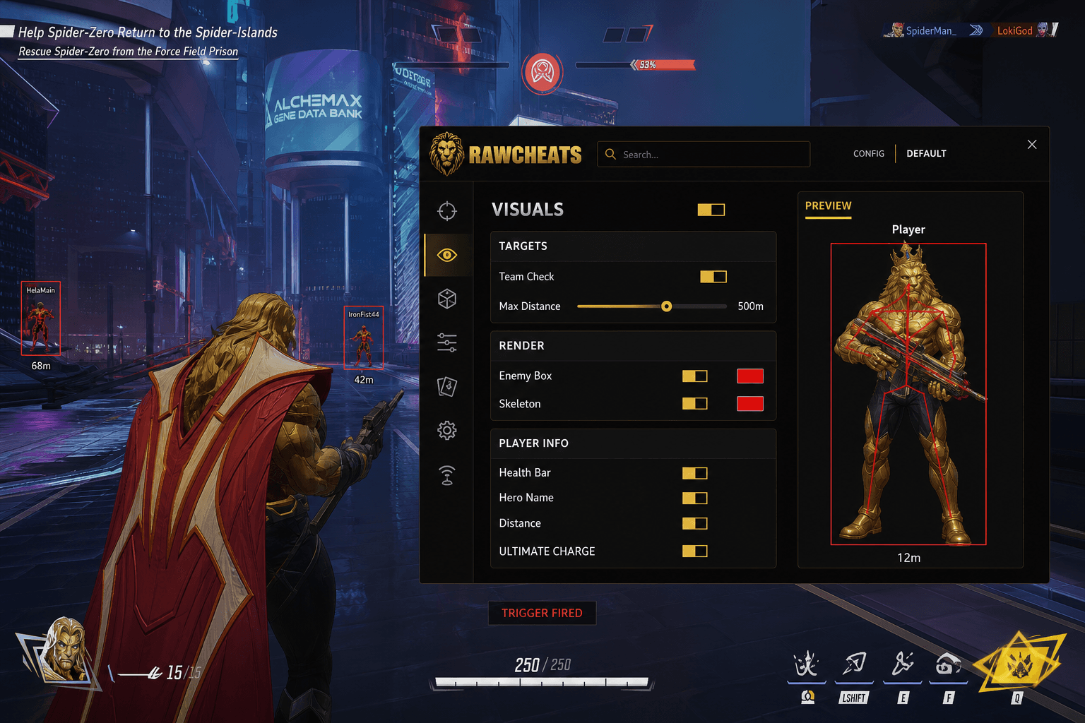 Marvel Rivals Triggerbot — Auto-Fire Reaction (2026) — in-game screenshot showing RawCheats overlay
