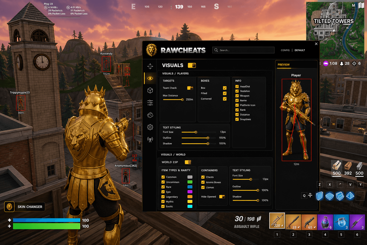 Fortnite Skin Changer — Skin Changer (2026) — in-game screenshot showing RawCheats overlay