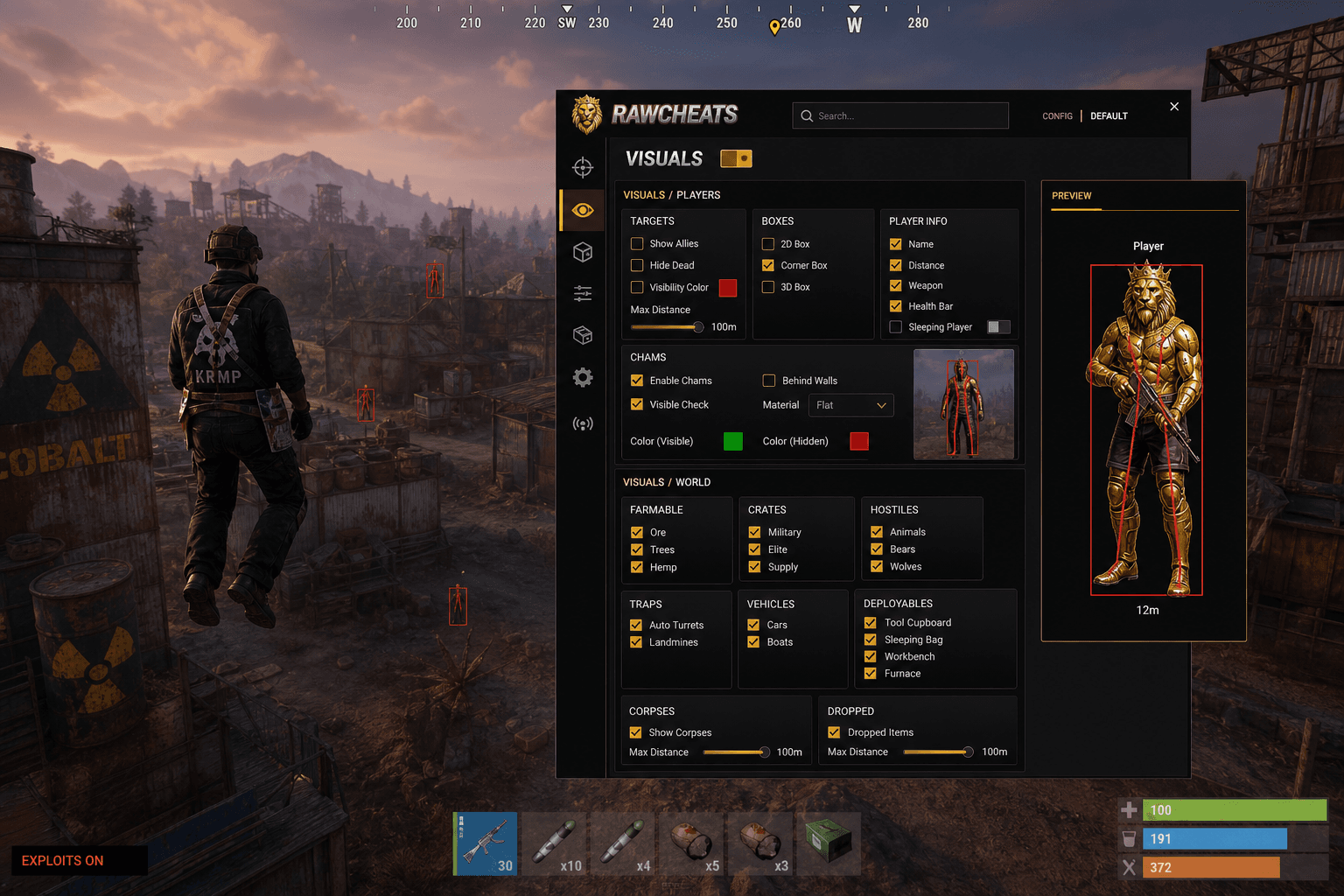Rust Exploits — Exploits (2026) — in-game screenshot showing RawCheats overlay