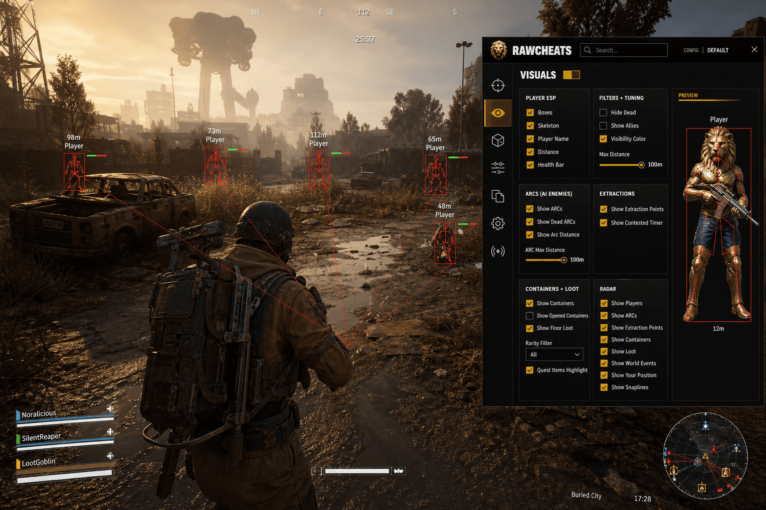 Undetected ARC Raiders Cheats (2026) — in-game screenshot showing RawCheats overlay