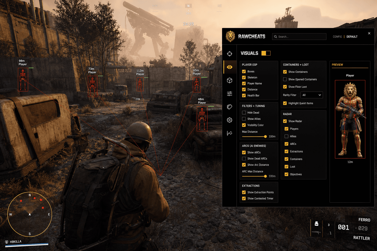 Cheap ARC Raiders Cheats (2026) — in-game screenshot showing RawCheats overlay