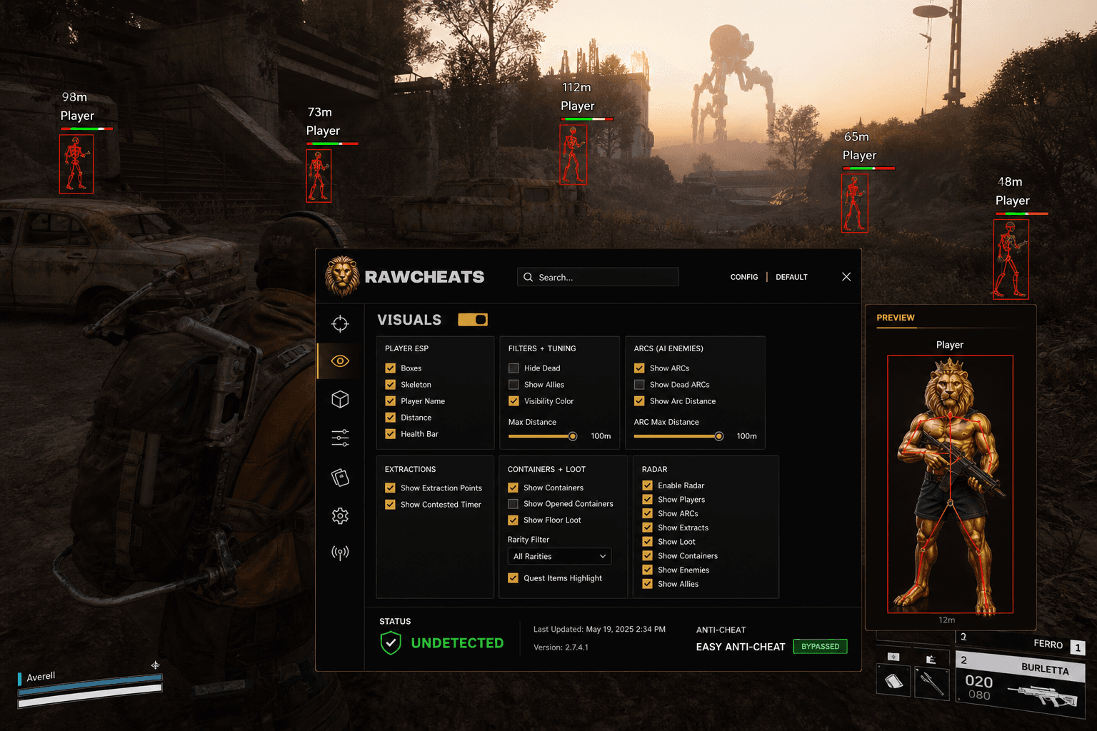 ARC Raiders Cheat Status — May 2026 — in-game screenshot showing RawCheats overlay