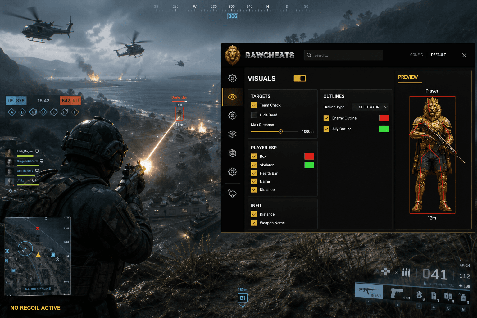 Battlefield 6 No Recoil — Recoil Control System (2026) — in-game screenshot showing RawCheats overlay
