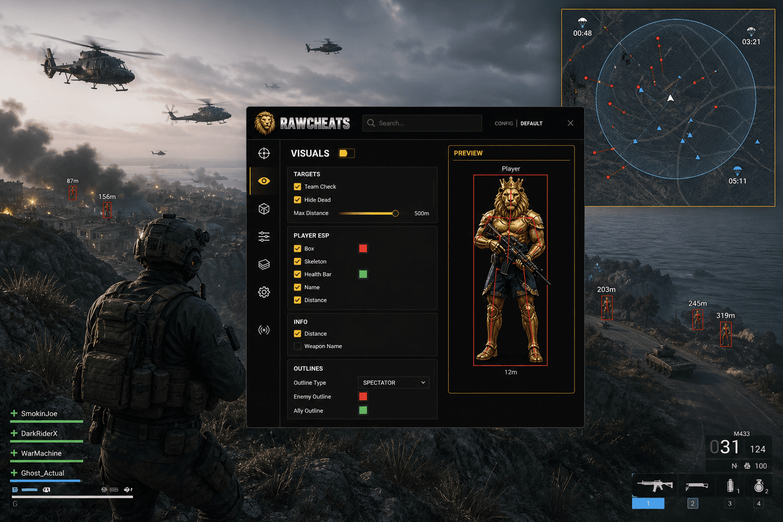 Battlefield 6 Radar — Squad Tracker & Timer (2026) — in-game screenshot showing RawCheats overlay