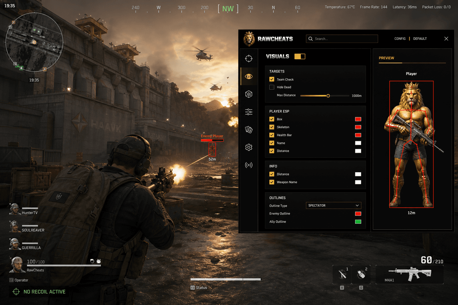 Delta Force No Recoil — Recoil Control System (2026) — in-game screenshot showing RawCheats overlay