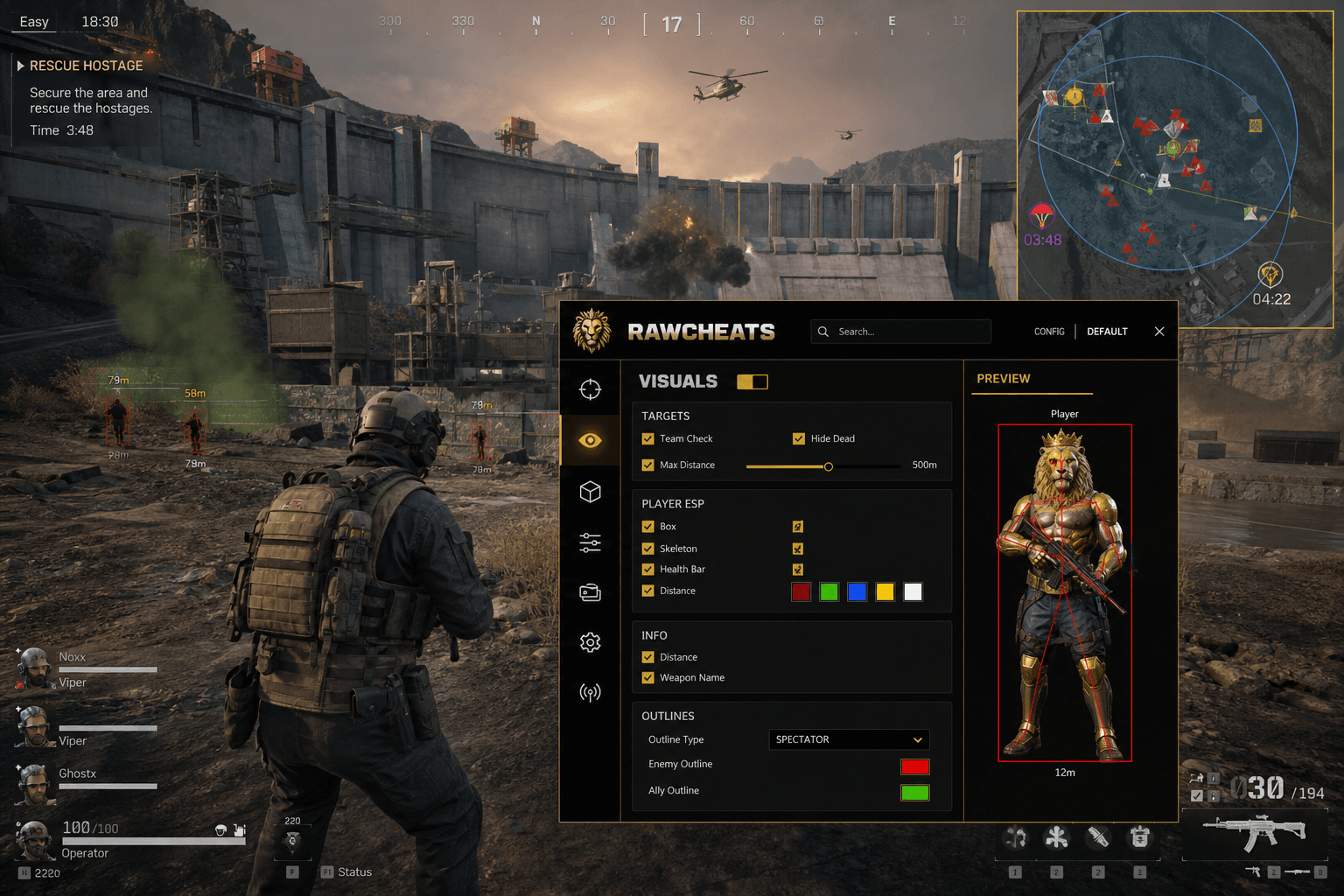 Delta Force Radar — Squad Tracker & Timer (2026) — in-game screenshot showing RawCheats overlay