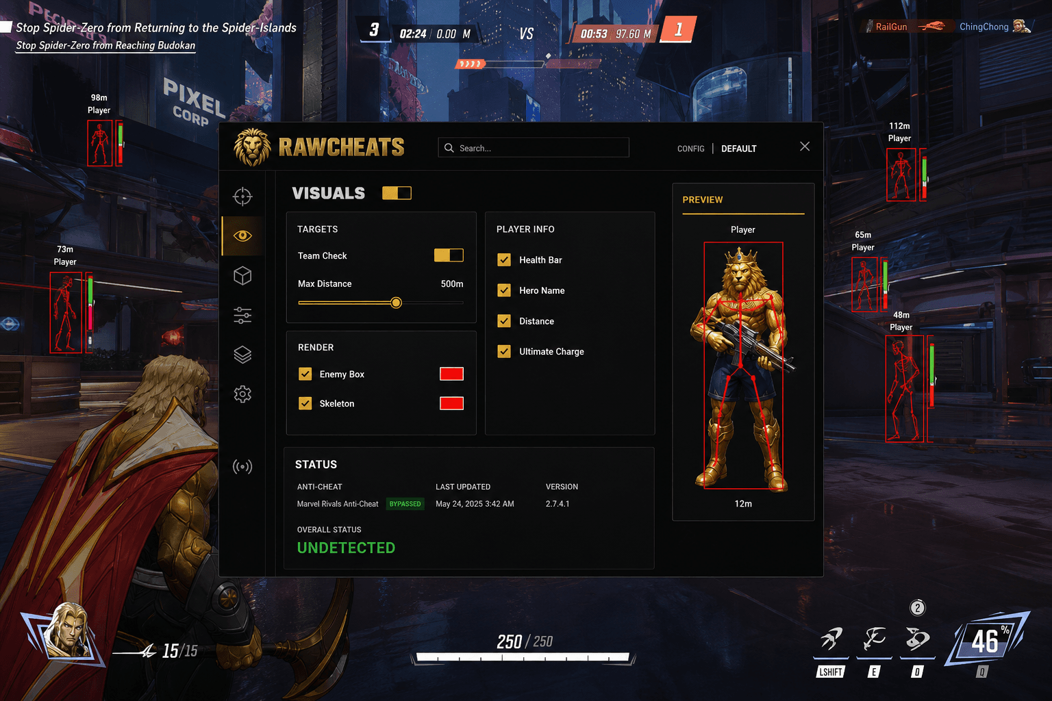 Marvel Rivals Cheat Status — May 2026 — in-game screenshot showing RawCheats overlay