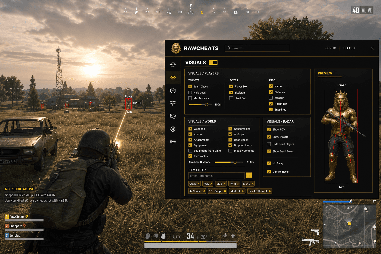 Best PUBG: BATTLEGROUNDS No Recoil in 2026 — What Actually Works — in-game screenshot showing RawCheats overlay