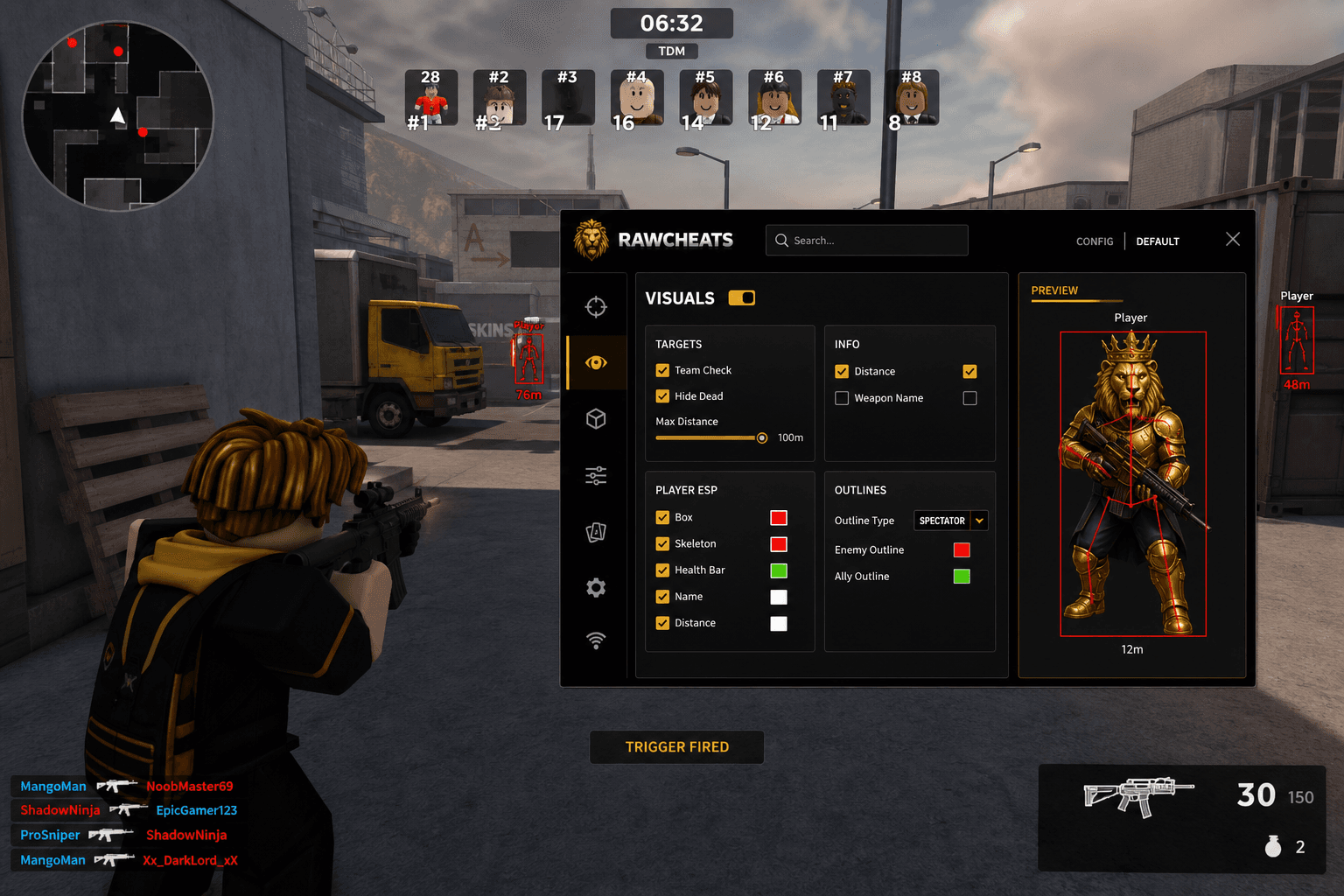 Best Roblox Triggerbot in 2026 — What Actually Works — in-game screenshot showing RawCheats overlay