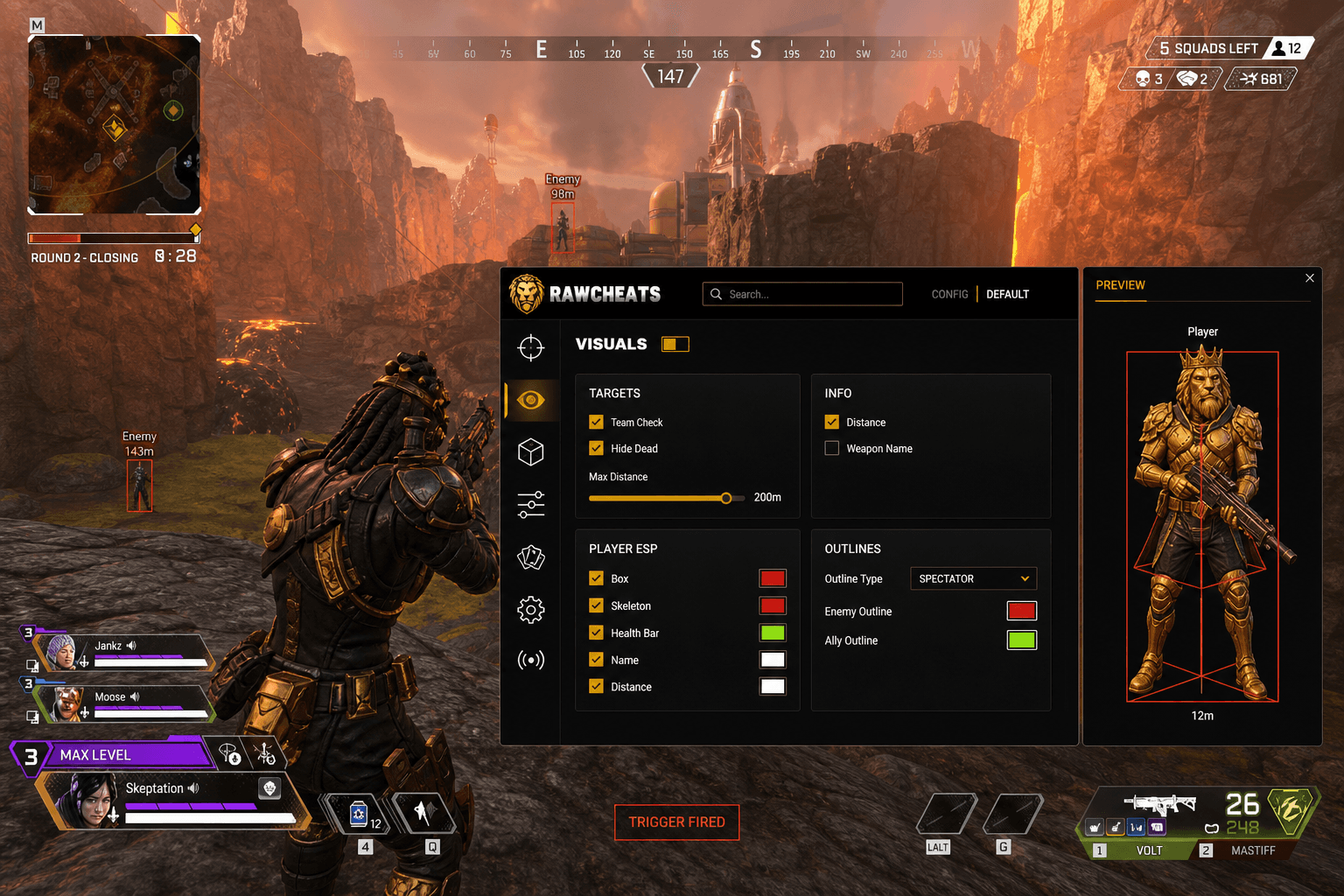 Apex Legends Triggerbot — Auto-Fire Reaction (2026) — in-game screenshot showing RawCheats overlay