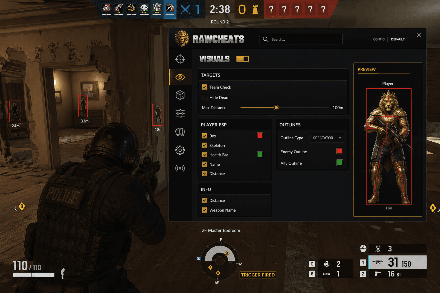 Rainbow Six Siege X Triggerbot — Auto-Fire Reaction (2026) — in-game screenshot showing RawCheats overlay