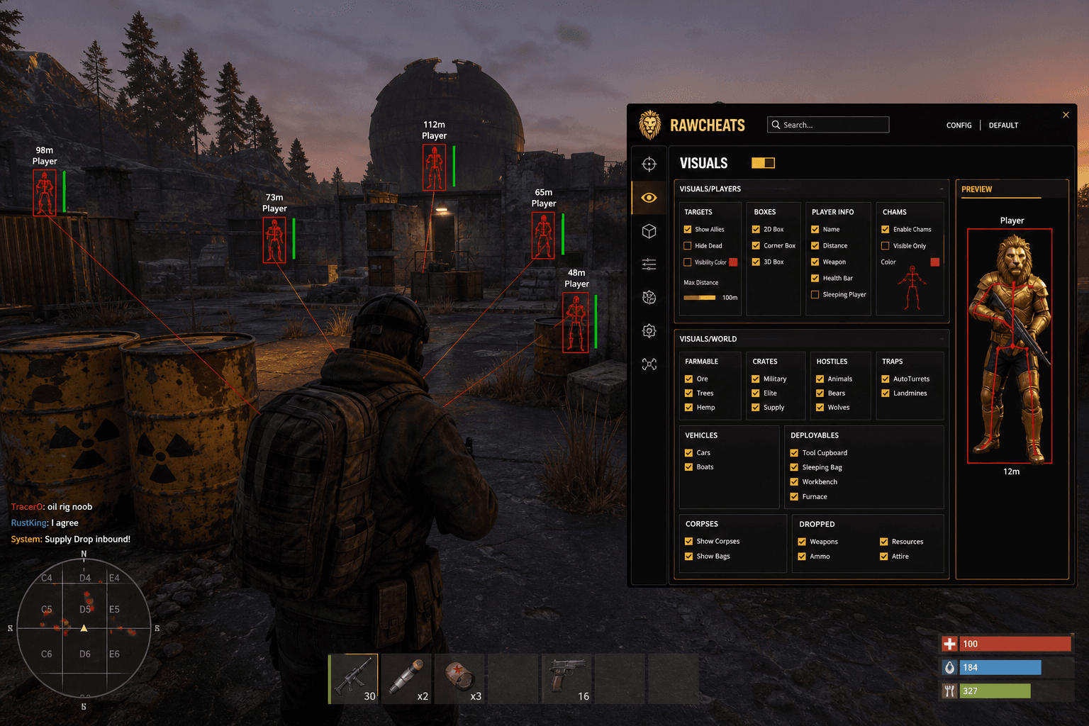 Undetected Rust Cheats (2026) — in-game screenshot showing RawCheats overlay