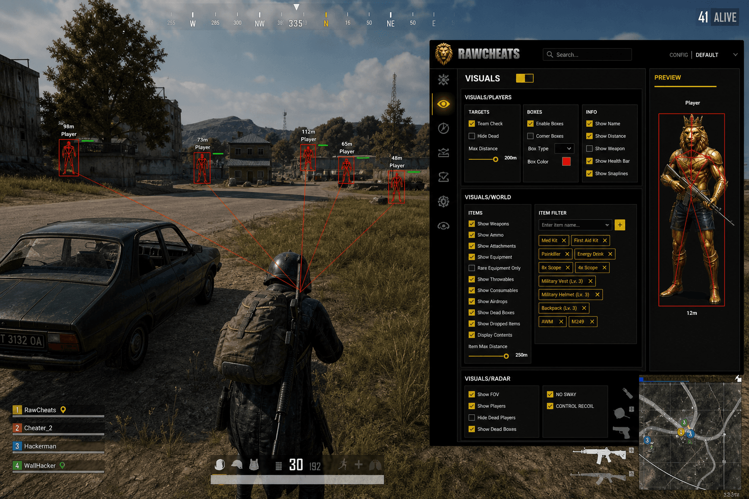 Cheap PUBG: BATTLEGROUNDS Cheats (2026) — in-game screenshot showing RawCheats overlay