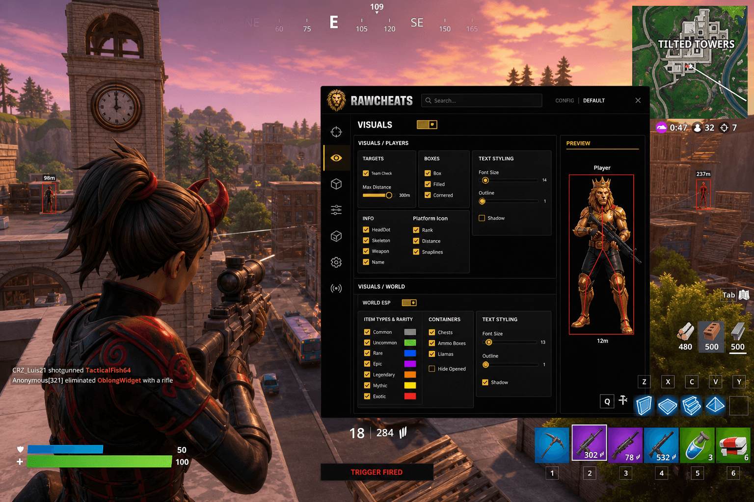 Fortnite Triggerbot — Auto-Fire Reaction (2026) — in-game screenshot showing RawCheats overlay