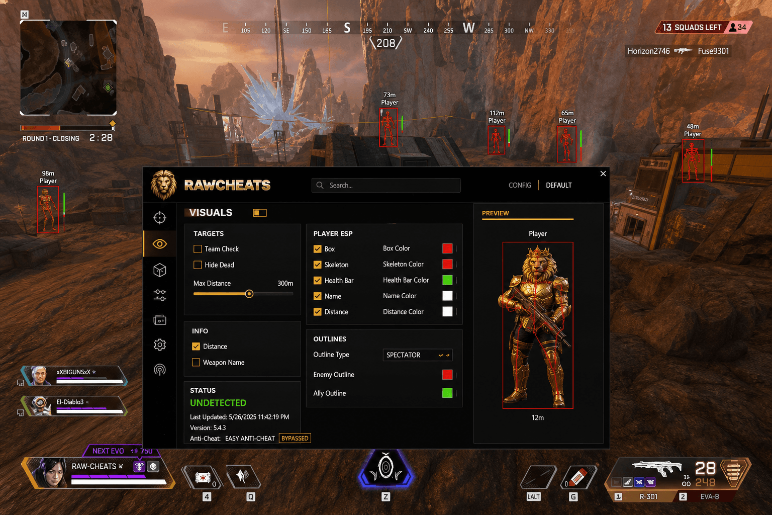 Apex Legends Cheat Status — May 2026 — in-game screenshot showing RawCheats overlay