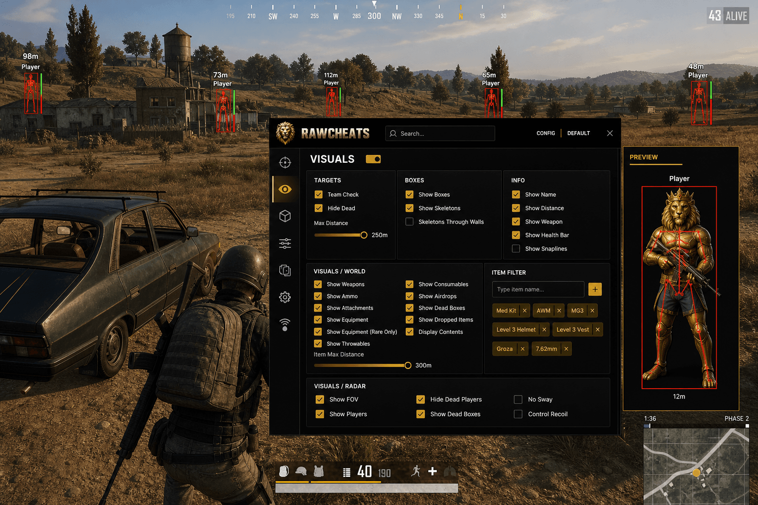 PUBG: BATTLEGROUNDS Esp — Player & World ESP (2026) — in-game screenshot showing RawCheats overlay
