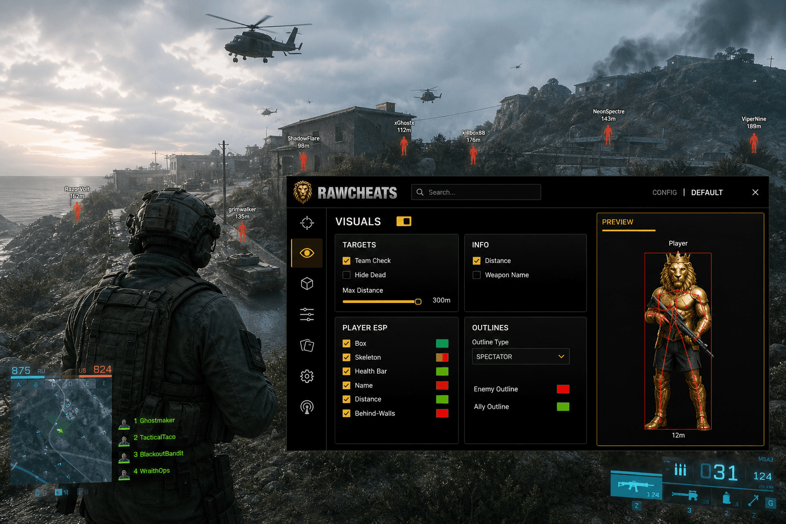 Cheap Battlefield 6 Wallhack (2026) — in-game screenshot showing RawCheats overlay