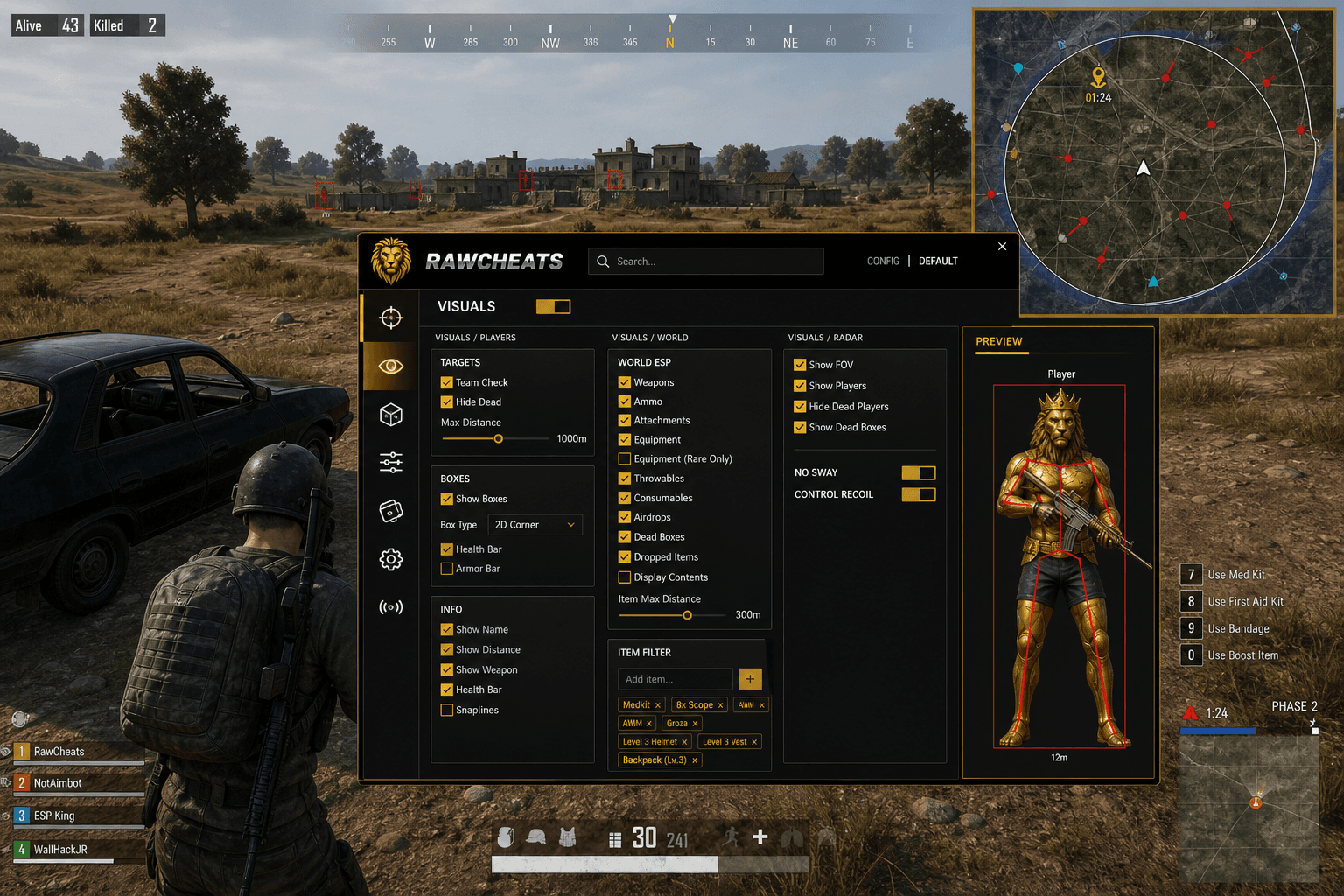 Cheap PUBG: BATTLEGROUNDS Radar (2026) — in-game screenshot showing RawCheats overlay