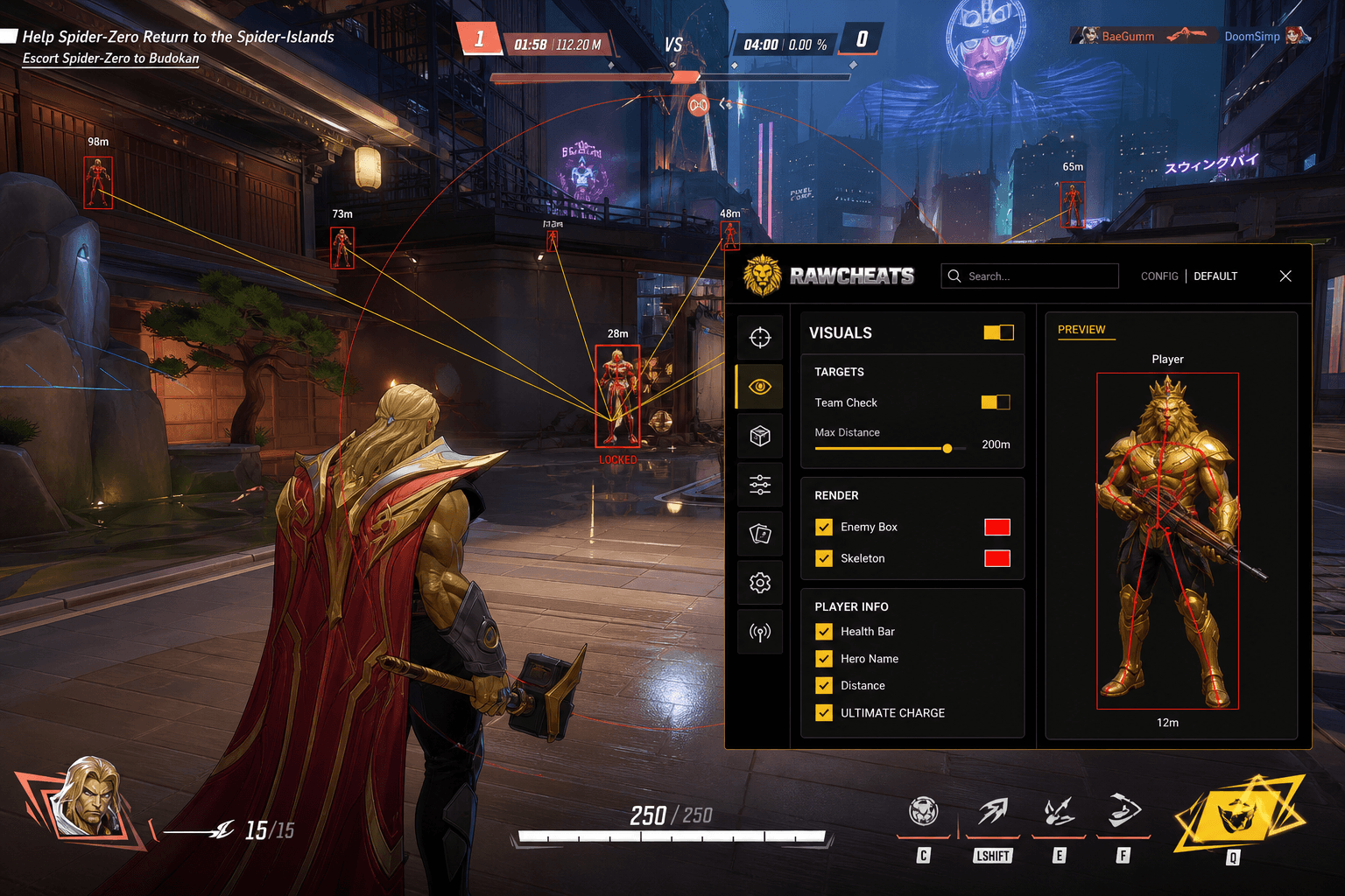 Marvel Rivals Aimbot — Silent Aim & Humanizer (2026) — in-game screenshot showing RawCheats overlay