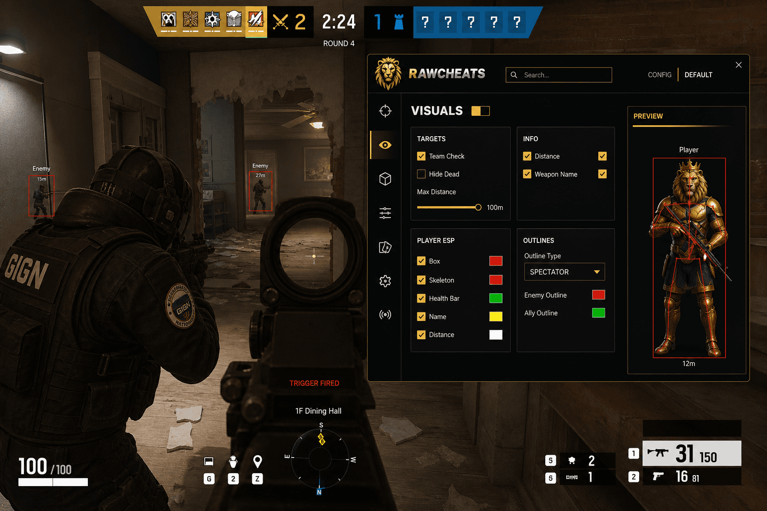 Cheap Rainbow Six Siege X Triggerbot (2026) — in-game screenshot showing RawCheats overlay