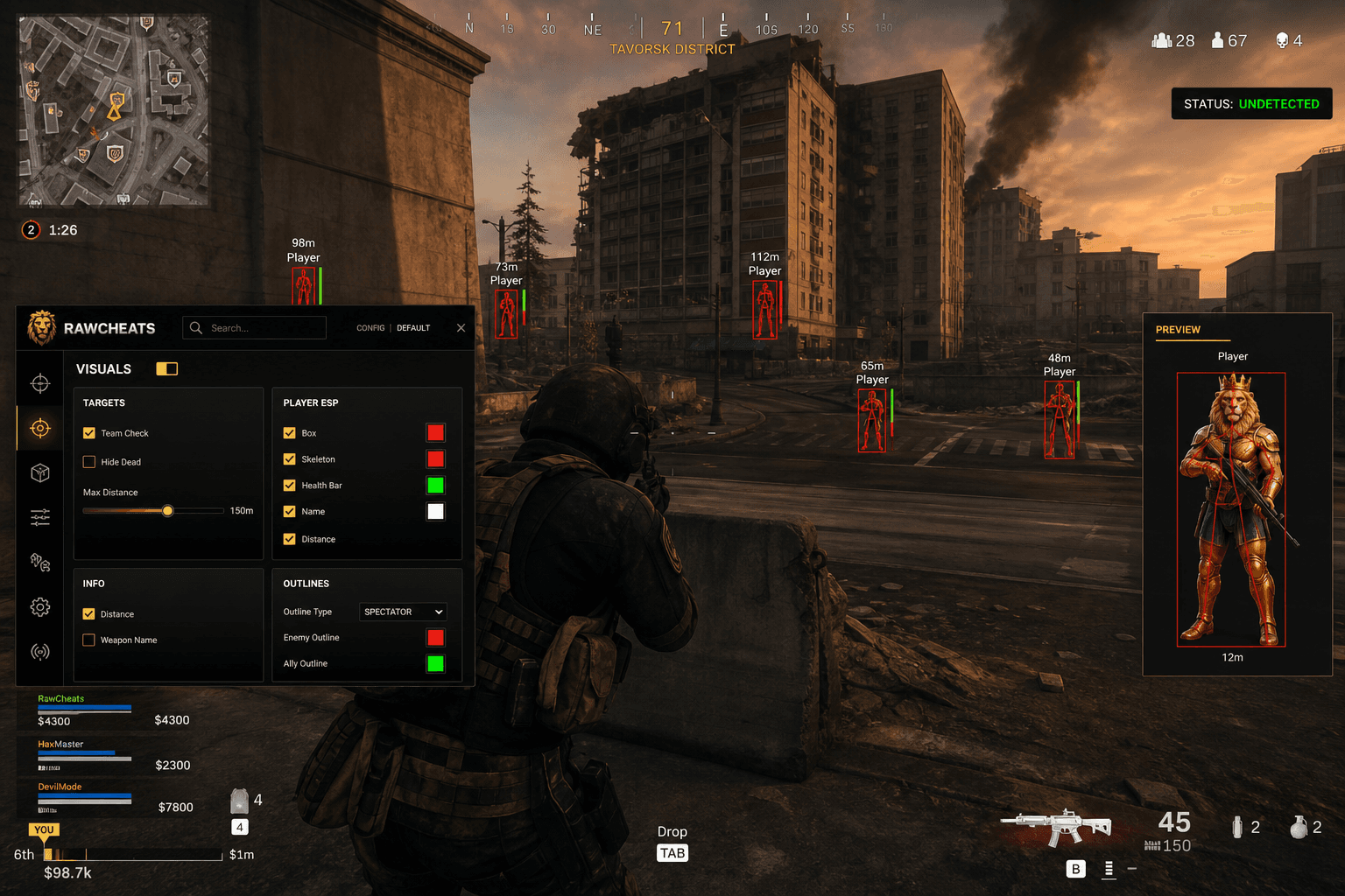 Call of Duty: Warzone Cheats — Download 2026 — in-game screenshot showing RawCheats overlay