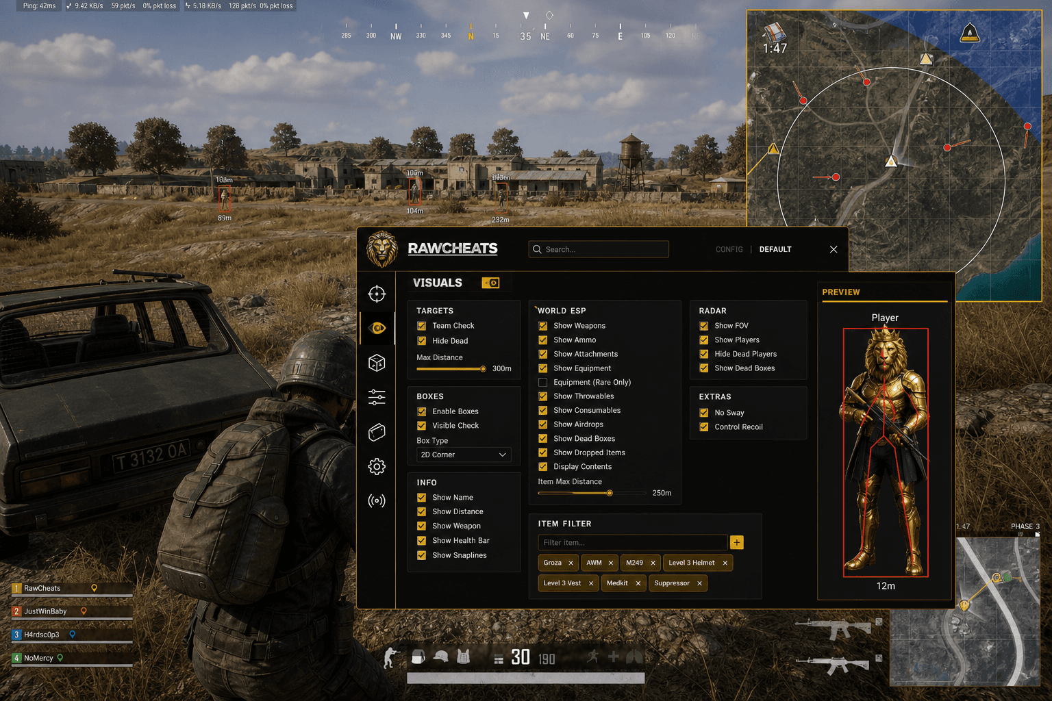 PUBG: BATTLEGROUNDS Radar — Squad Tracker & Timer (2026) — in-game screenshot showing RawCheats overlay