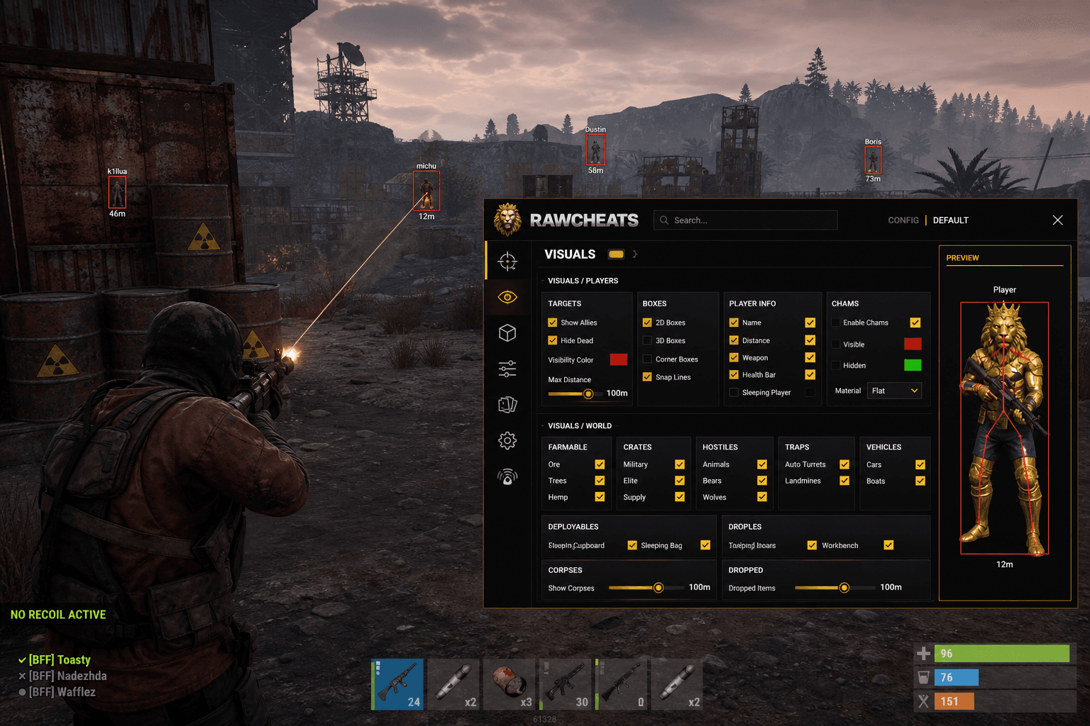 Rust No Recoil — Recoil Control System (2026) — in-game screenshot showing RawCheats overlay